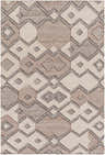 Close-up of the Latonia Area Carpet. Hand-woven wool rug with a geometric pattern in ivory, tan, and brown. Design-Rectangle-576