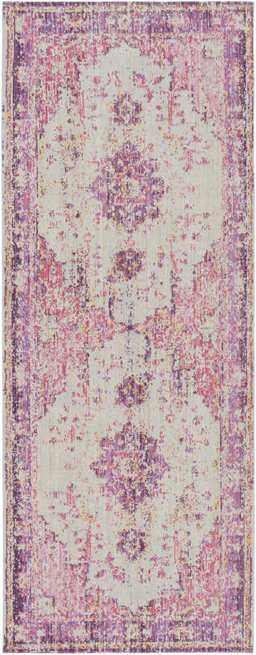 Close-up of the Laureldale Area Rug. Machine-woven polyester rug with a vintage, purple, red, yellow, and gray oriental design. Design-Runner-338
