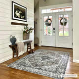 Farmhouse entryway with Athor Washable Rug in dark gray. Rustic bench, shiplap wall, and double doors create a welcoming scene. Roomscene-Rectangle