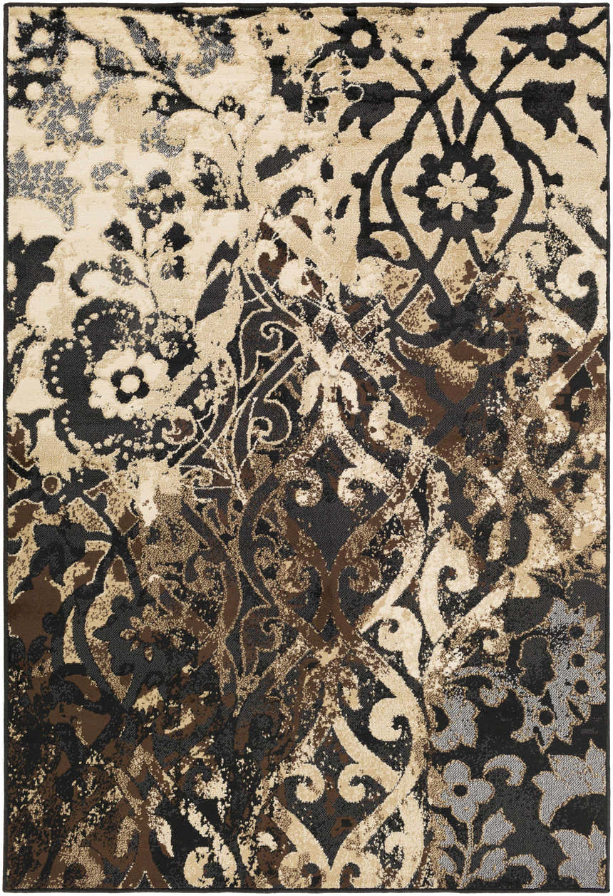 Detailed texture of the Lawtell Area Rug in black, beige, brown and gray tones. Design-Rectangle-5376