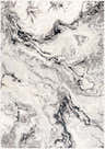 Close-up of the Lawigan Gray Marble Rug, a contemporary rug with a black, cream, and gray marble pattern. Design-Rectangle-5373