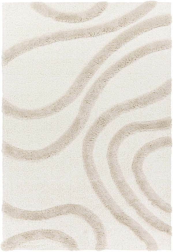 Close-up of the Laya Area Rug, a shag rug with a cream base and raised, wavy beige stripes. Design-Rectangle-537