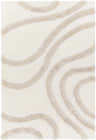 Close-up of the Laya Area Rug, a shag rug with a cream base and raised, wavy beige stripes. Design-Rectangle-537