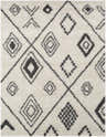 Close-up of Albury Tribal Trellis Area Carpet, bone shag rug with dark gray geometric diamond pattern. Design-Rectangle-527