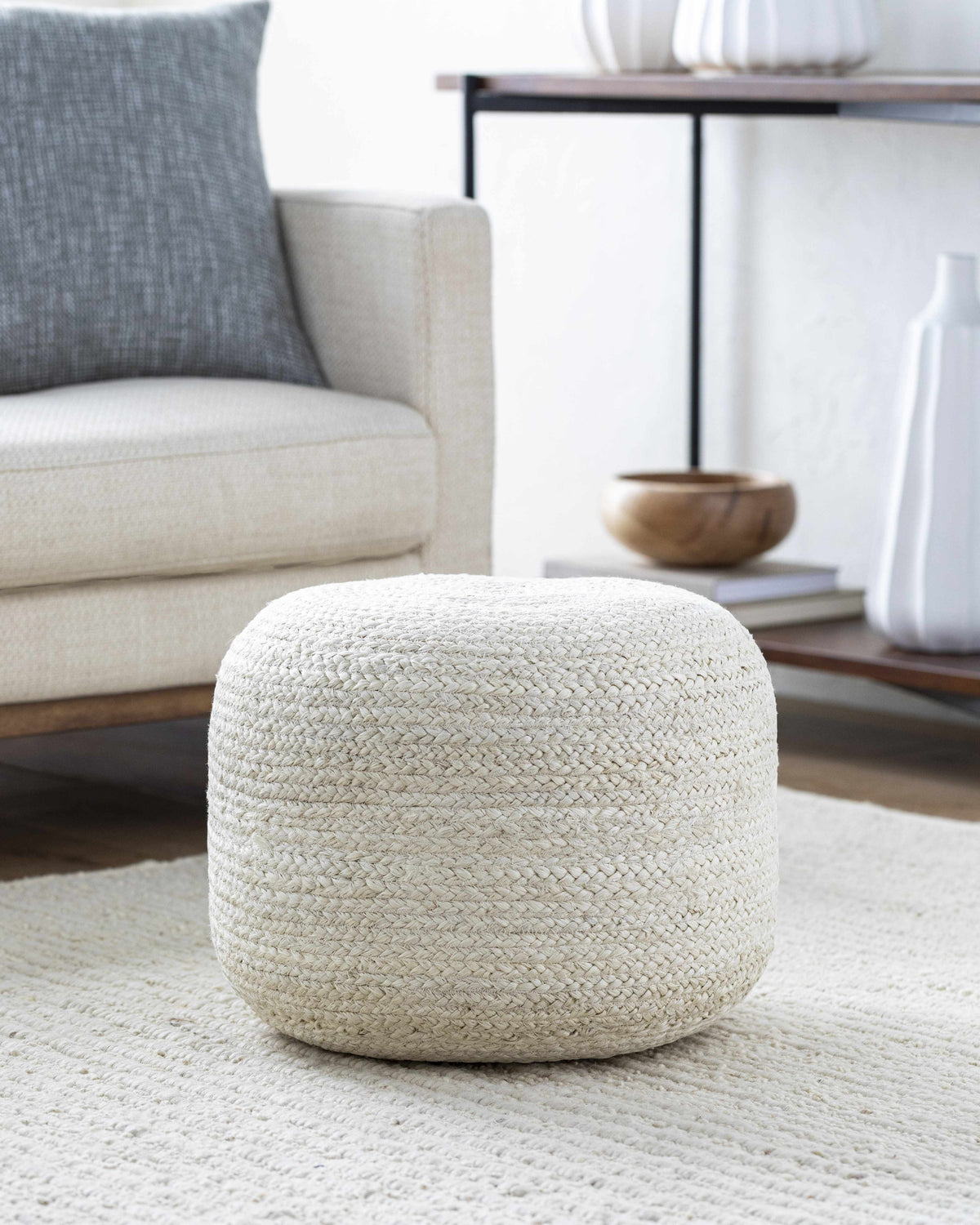 Lavertezzo Ash Knitted Beige Cotton Pouf