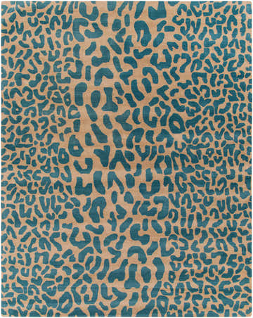 Close-up of the Lockbourne Leopard Print Area Rug, featuring a teal animal pattern on a light brown, hand-tufted wool texture. Design-Rectangle-7696