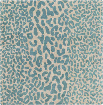 Close-up of the Lockbourne Leopard Print Area Rug, featuring a teal animal print on a light brown wool texture. Design-Square-8