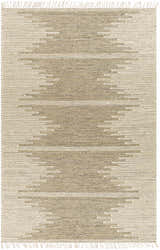 Close-up of the hand woven Lucasville Area Rug. Tan rug with ivory geometric stripes and fringe. Contemporary farmhouse style. Design-Rectangle-69