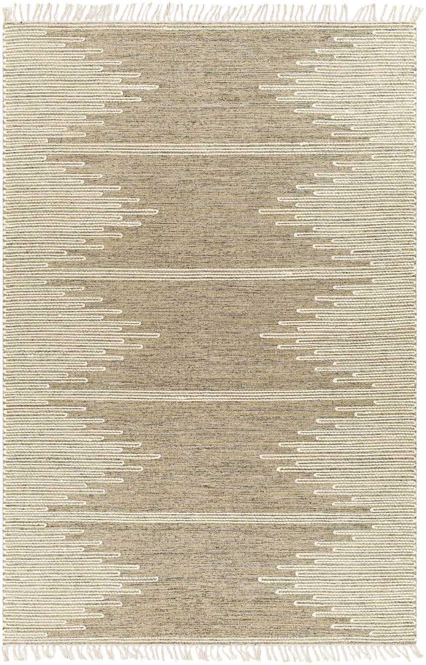 Close-up of the hand woven Lucasville Area Rug. Tan rug with ivory geometric stripes and fringe. Contemporary farmhouse style. Design-Rectangle-69