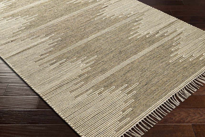 Close up of the hand woven Lucasville Area Rug, with a beige and white striped design and fringe. Corner