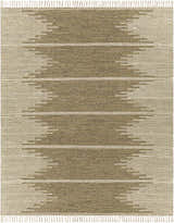 Close-up of the hand woven Lucasville Area Rug. Features a contemporary geometric pattern in neutral brown and cream tones. Design-Rectangle-810