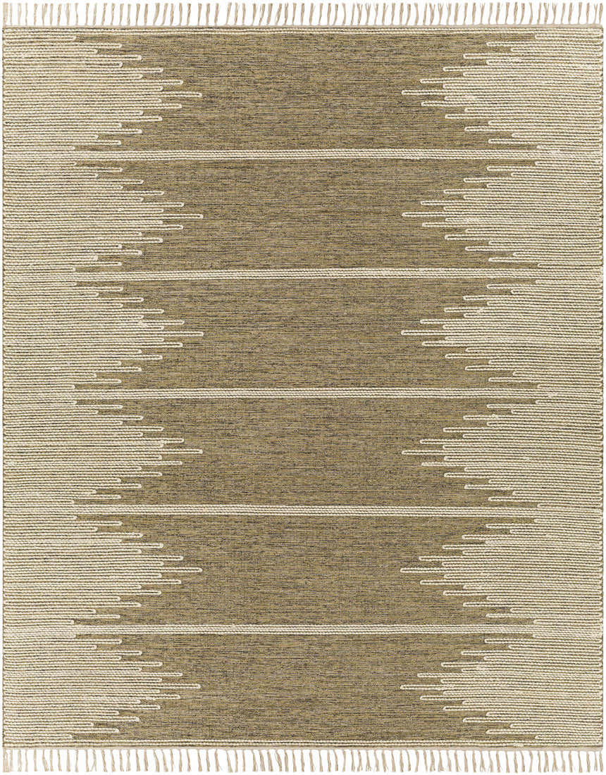 Close-up of the hand woven Lucasville Area Rug. Features a contemporary geometric pattern in neutral brown and cream tones. Design-Rectangle-810