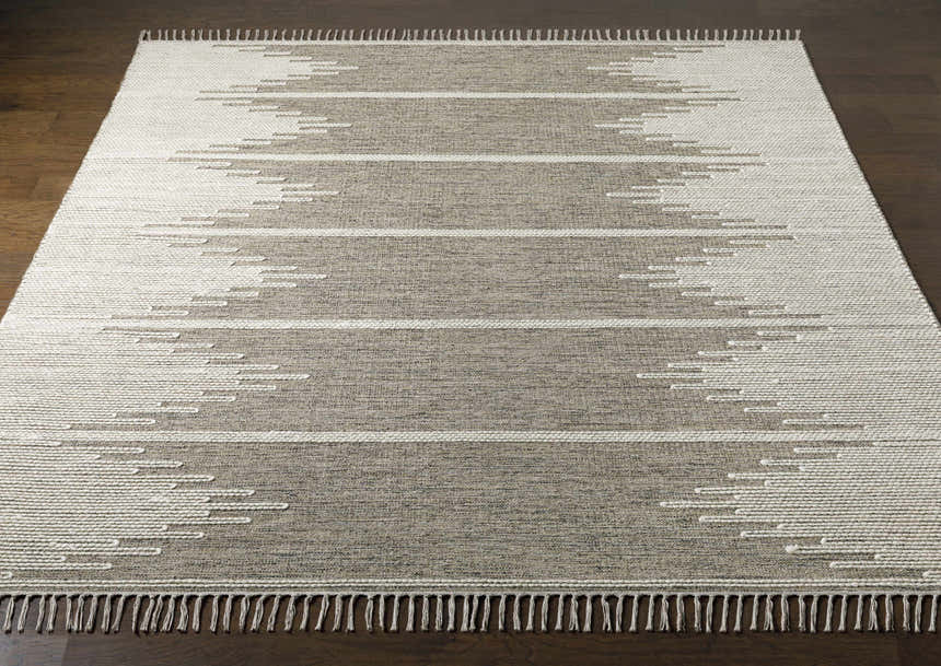 Close-up of the hand woven Lucasville Area Rug. Contemporary design with white and beige geometric pattern and fringe. Front
