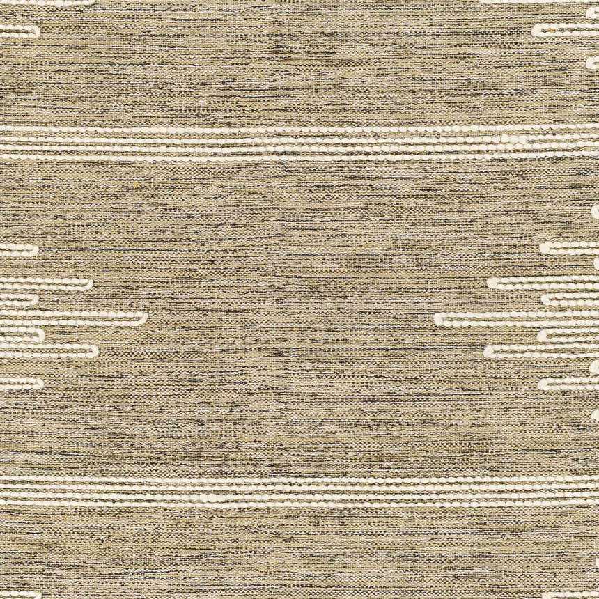 Close-up of the hand woven Lucasville Area Rug. Tan rug with horizontal white stripes and geometric details. Swatch