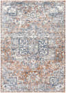 Close-up of the Alderton Area Rug, a machine-woven rug in brick red, cream, denim, and navy with a traditional bohemian pattern. Design-Rectangle-579