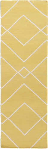 Close-up of the Leatherwood Area Carpet. Hand-woven cotton rug in off-white and tan with a geometric diamond pattern. Design-Runner-268