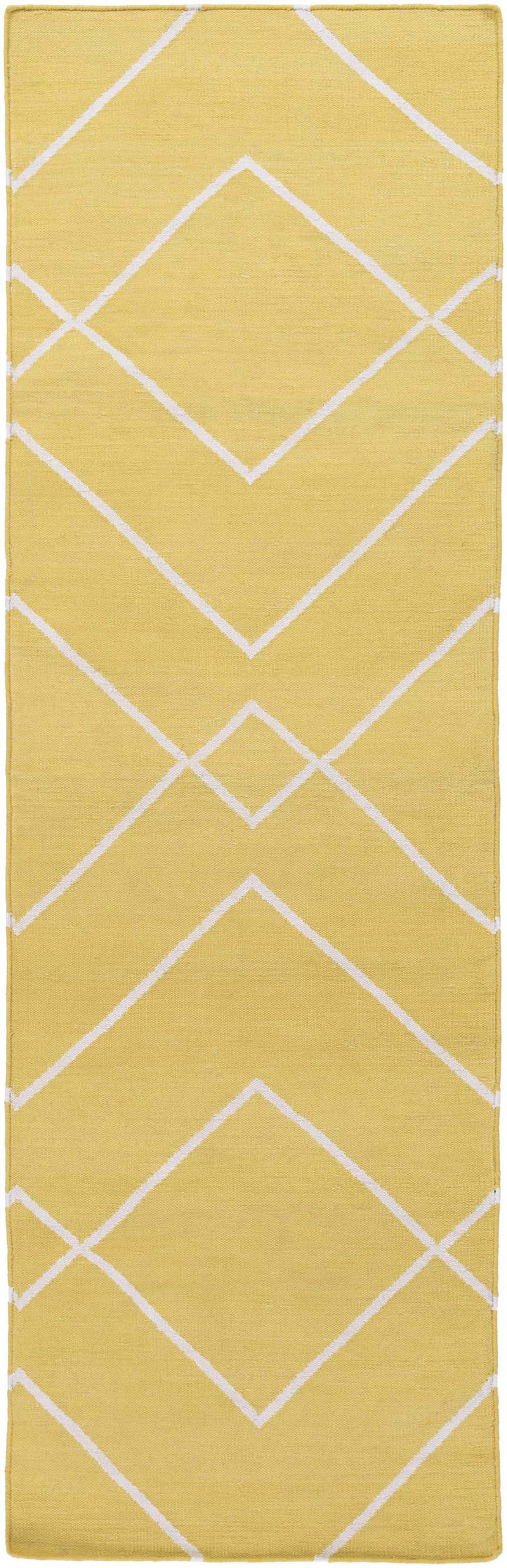 Close-up of the Leatherwood Area Carpet. Hand-woven cotton rug in off-white and tan with a geometric diamond pattern. Design-Runner-268