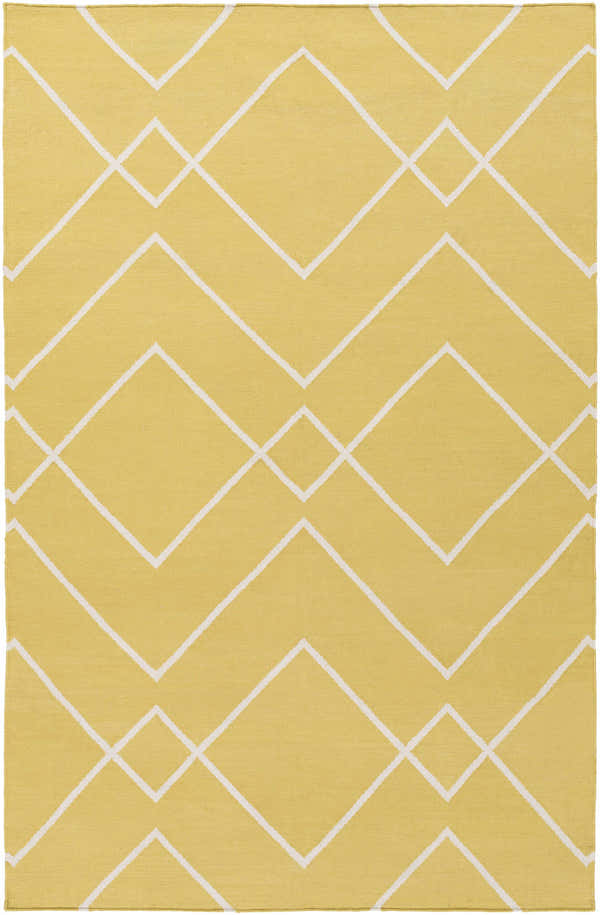 Close-up of the Leatherwood Area Carpet. Hand-woven cotton rug in off-white and tan with a contemporary geometric pattern. Design-Rectangle-576