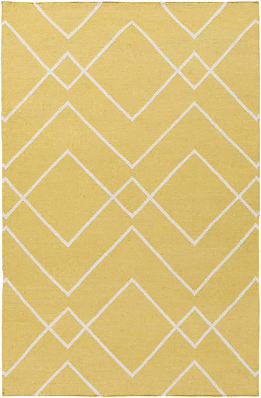 Close-up of the Leatherwood Area Carpet. Hand-woven cotton rug in off-white and tan with a contemporary geometric pattern. Design-Rectangle-576