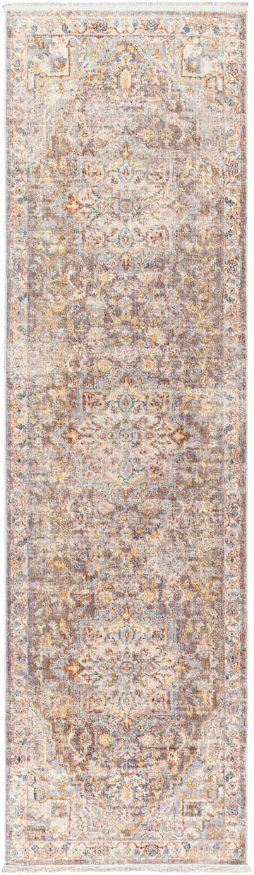 Close-up of the LeChee Area Rug. Bohemian style runner rug in brick red, burnt orange, cream, and gray tones. Design-Runner-279