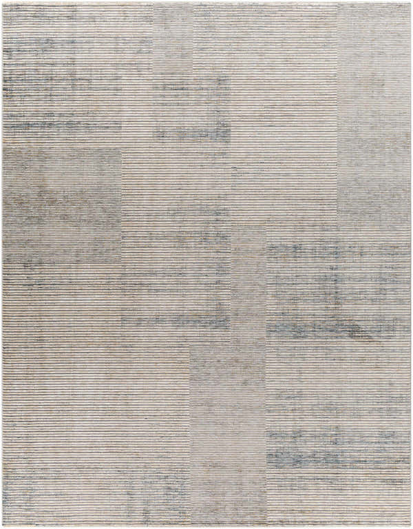 Close-up of Leechburg Luxe Fringe Rug. Cream, denim, and beige horizontal stripes with a subtle mid-century modern design. Design-Rectangle-710103