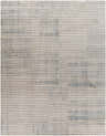 Close-up of Leechburg Luxe Fringe Rug. Cream, denim, and beige horizontal stripes with a subtle mid-century modern design. Design-Rectangle-710103
