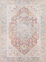 Close-up of Cream Rust Leeston Washable Rug. Features a traditional oriental design with brick red, cream, and light blue colors. Design-Rectangle-537