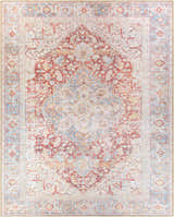 Detailed view of the Cream Rust Leeston Washable Rug, featuring a vintage oriental pattern with brick red, cream, and light blue tones. Design-Rectangle-7996