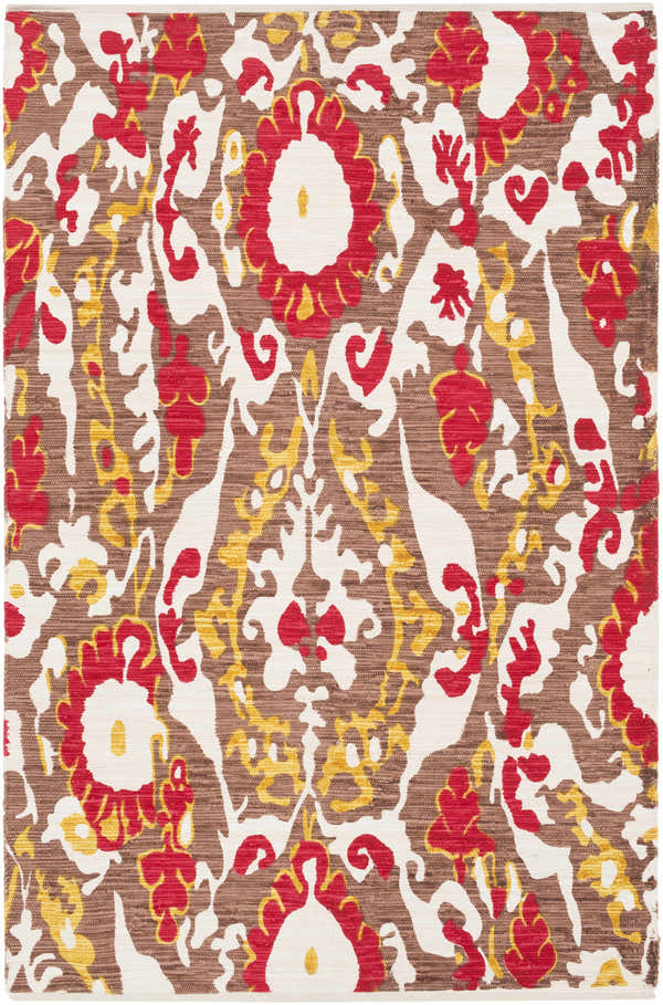 Close-up of the Lehighton Area Rug. Hand-woven cotton rug with bright red, brown, cream, and yellow contemporary floral pattern. Design-Rectangle-576