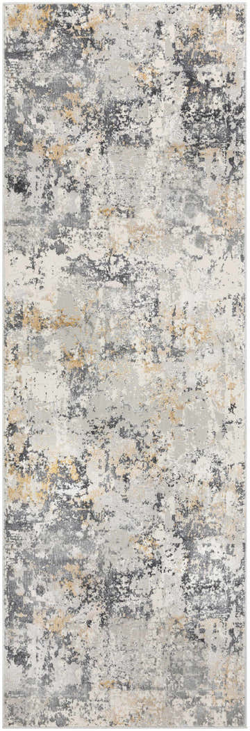 Close-up of the Lenzburg Faux Silk Abstract Rug. Charcoal, gray, light gray, and mustard abstract pattern. Viscose texture. Design-Runner-2777
