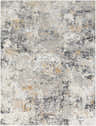 Close-up of the Lenzburg Faux Silk Abstract Rug; charcoal, gray, light gray, and mustard abstract pattern. Design-Rectangle-710103