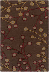 Close-up of Brown Elsu Area Rug. Wool rug with brown background and floral design in burgundy and gold. Design-Rectangle-23