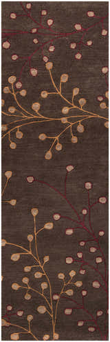 Close-up of the Brown Elsu Area Rug with a floral pattern in burgundy and gold on a dark brown wool background. Design-Runner-268
