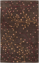 Close-up of Brown Elsu Area Rug with a floral design in burgundy and gold on a dark brown wool background. Design-Rectangle-58
