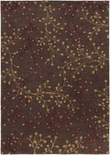 Hand-tufted Brown Elsu Area Rug with a floral pattern in burgundy and gold on a dark brown wool background. Design-Rectangle-811