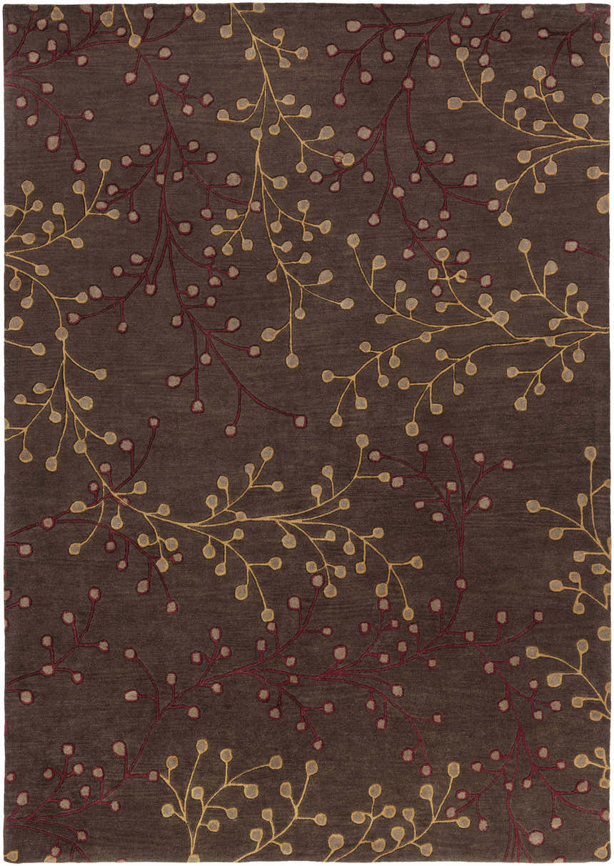 Hand-tufted Brown Elsu Area Rug with a floral pattern in burgundy and gold on a dark brown wool background. Design-Rectangle-811