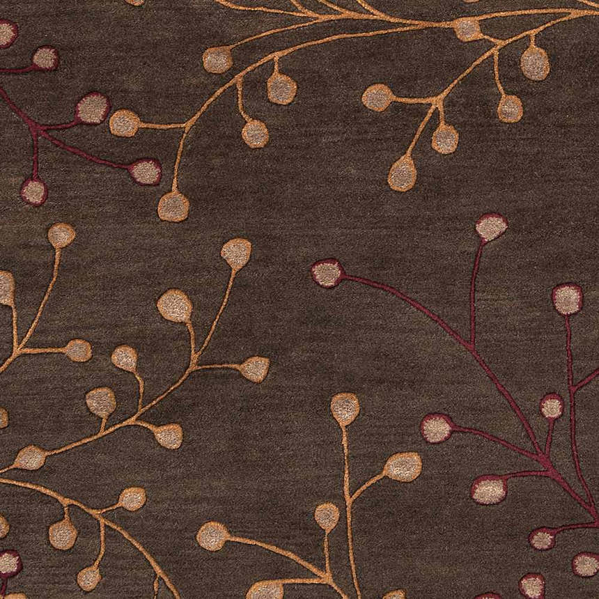 Close-up of the Brown Elsu Area Rug showing its floral pattern in brown, burgundy, and gold tones. Swatch