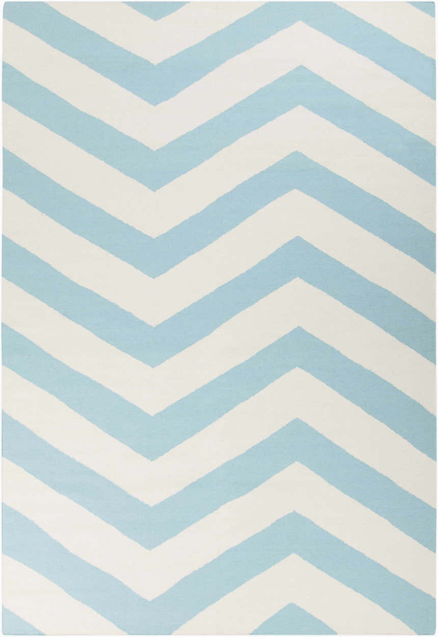 Close-up of the Lerona Area Rug. Aqua and white wool rug with a bold, modern chevron pattern. Design-Rectangle-811
