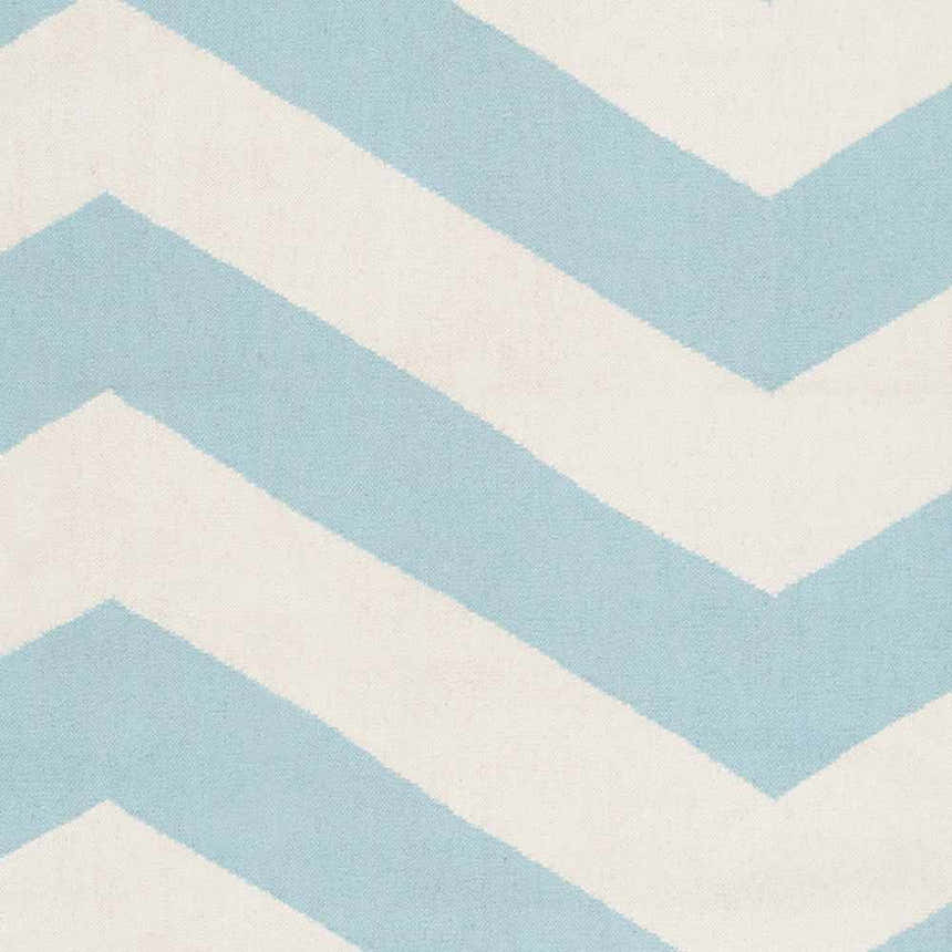 Close-up of the Lerona Area Rug showing a hand-woven chevron pattern in aqua and white wool. Swatch