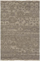 Close-up of the Lerwick Carpet, a hand-knotted wool rug with a traditional floral pattern in beige, charcoal, and brown tones. Design-Rectangle