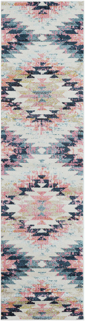Close-up of the Lewisberry Area Rug, a machine-woven runner with a Southwestern-inspired geometric pattern in aqua, pink, and navy. Design-Runner-2710