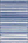 Close-up of Lewisport Carpet, a hand-woven rug with gray, ivory, navy, slate, and teal horizontal stripes. Design-Rectangle-576