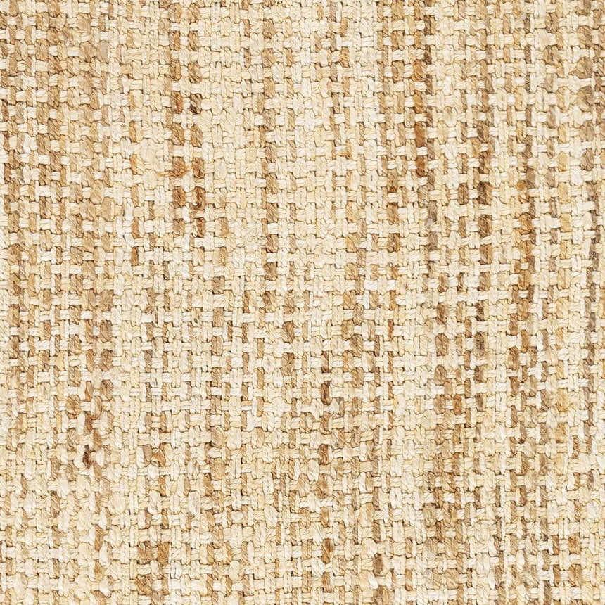 Close-up of the hand-woven Leyton Natural Jute Rug showing its ivory and tan color variations and textured weave. Swatch
