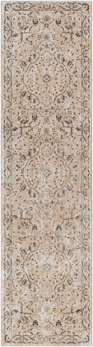 Close-up of the Laughlin Thick Luxe Boutique Rug. Beige, sage, and gray floral pattern with traditional farmhouse style. Design-Runner-2710