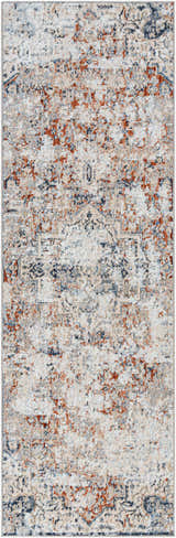 Close-up of the Loughrea Area Rug featuring a traditional design in brick red, cream, denim, and gray hues. Design-Runner-268