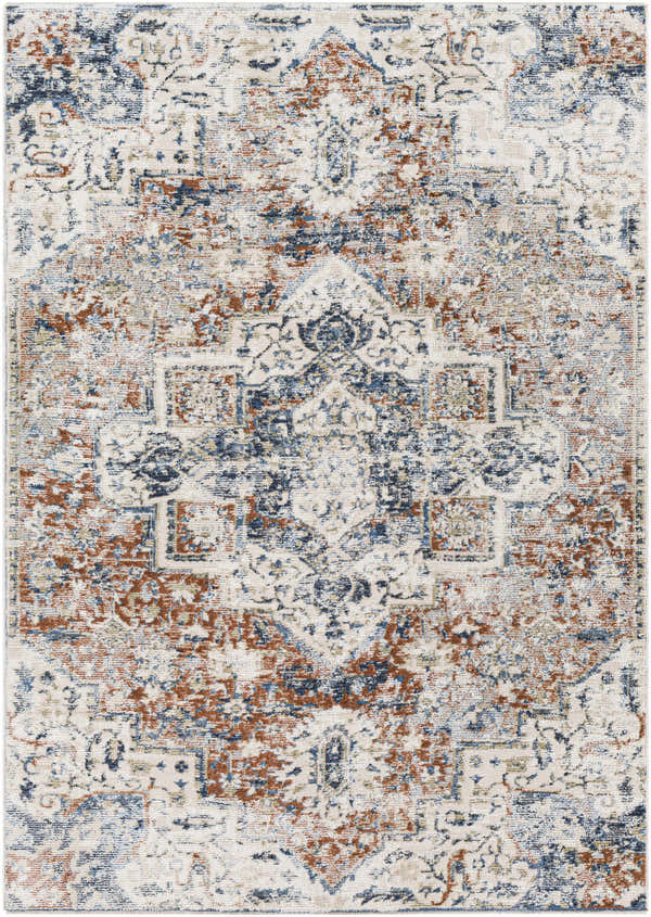Close-up of the Loughrea Area Rug showcasing its brick red, cream, denim, and gray traditional pattern and soft texture. Design-Rectangle-579