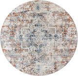 Round Loughrea Area Rug with a cream base and brick red, denim, and gray traditional-style pattern. Design-Round-710
