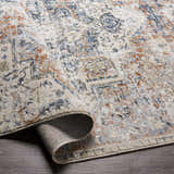 Close-up of the Loughrea Area Rug showing its cream, denim, and rust colors and traditional pattern. Fold