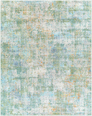 Close-up of the Lightwater Area Rug, featuring a distressed abstract pattern in light beige, blue, green, and rust tones. Design-Rectangle-71010