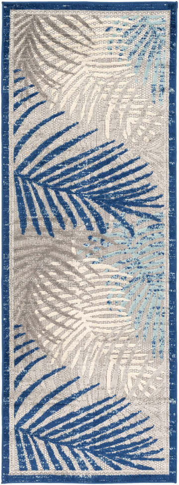 Close-up of the Liberal Area Rug. Coastal style rug with blue, aqua, cream, and gray palm leaf pattern. Design-Runner-2773